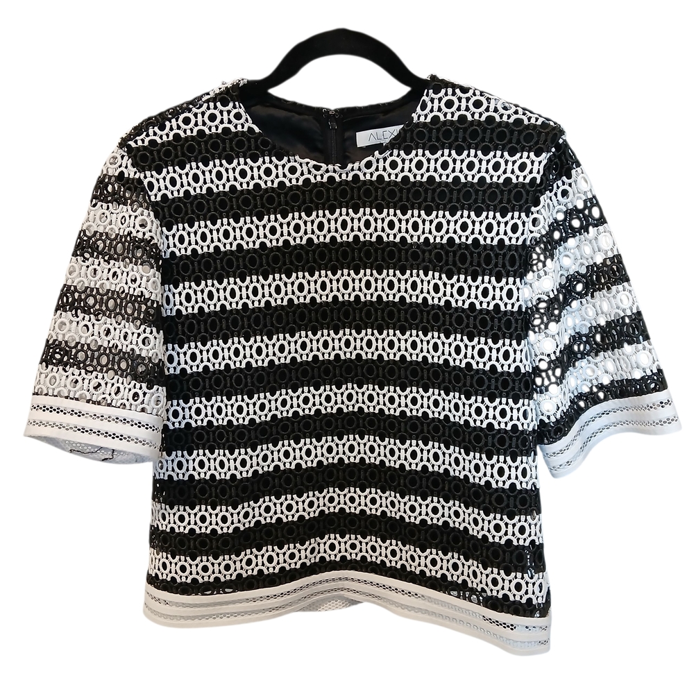 Alexis Striped Black And White Crew Neck Top Size Medium Sheer Elbow Sleeves